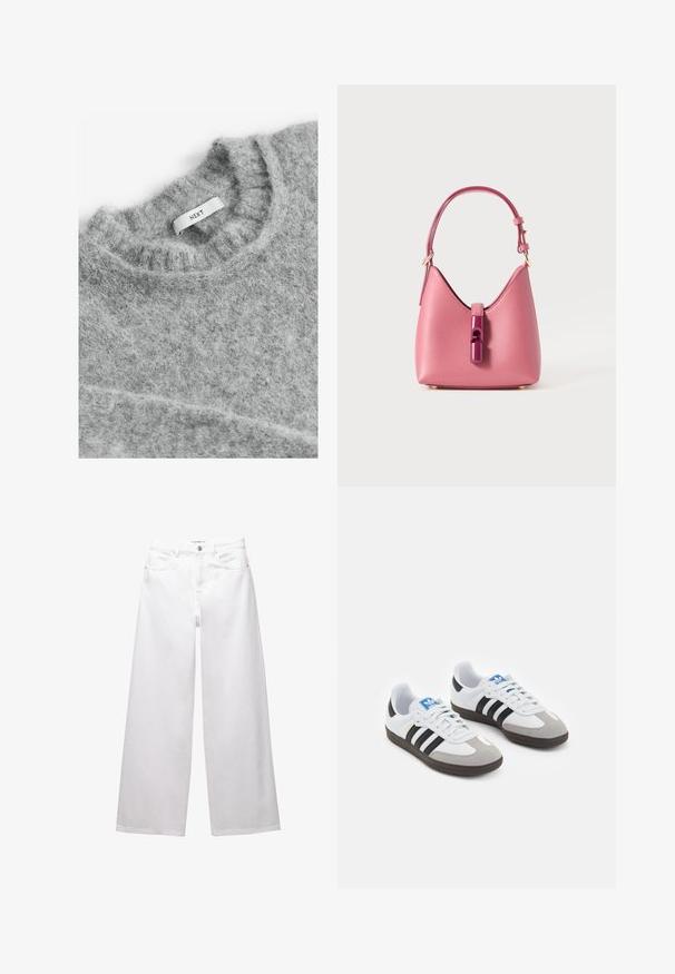 Next Striktrøje - grey; Hvide brede ben jeans lavet af denim. Har knaplukning, front- og baglommer samt syede sømme. Glat tekstur med minimal detaljering.; Sportsko med en overdel i hvid læder, grå ruskind på tåen og tre sorte striber. Har et blåt logo på tungen og en struktureret gummisål.; Lyserød læderhåndtaske med en struktureret form, der har en blank accenteringslås og en enkelt justerbar rem. Tekstureret finish med guldhardware.