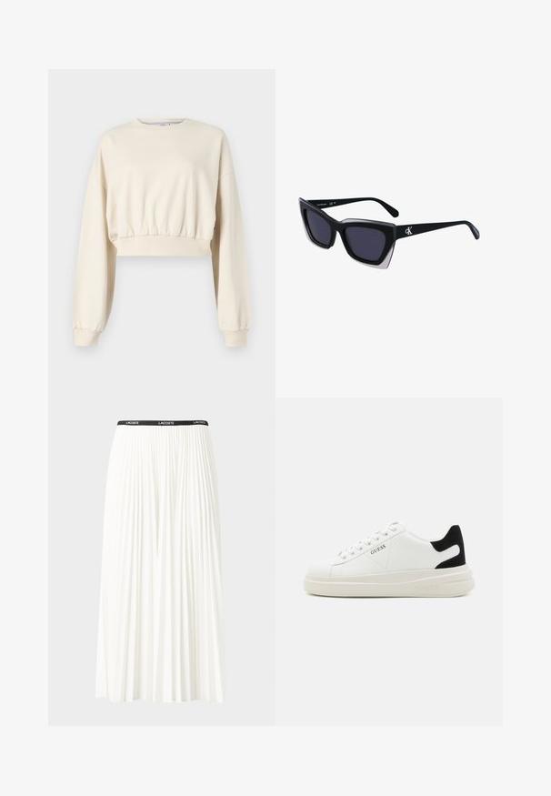 Felpa beige cropped con maniche lunghe e bombate. Presenta una vita elasticizzata e polsini a coste. Logo sottile ricamato vicino al collo.; Gonna bianca plissettata con elastico nero in vita che presenta il logo "LACOSTE". Design di lunghezza media con texture morbida.; Sneaker bianchi in pelle con suola spessa bianca, accento in suede nero sul tallone e logo impresso sul lato. Design con lacci e sei fori per i lacci.; Occhiali da sole oversize neri dalla forma geometrica, con lenti scure e un dettaglio grigio a contrasto sulla montatura. Logo sul braccio.