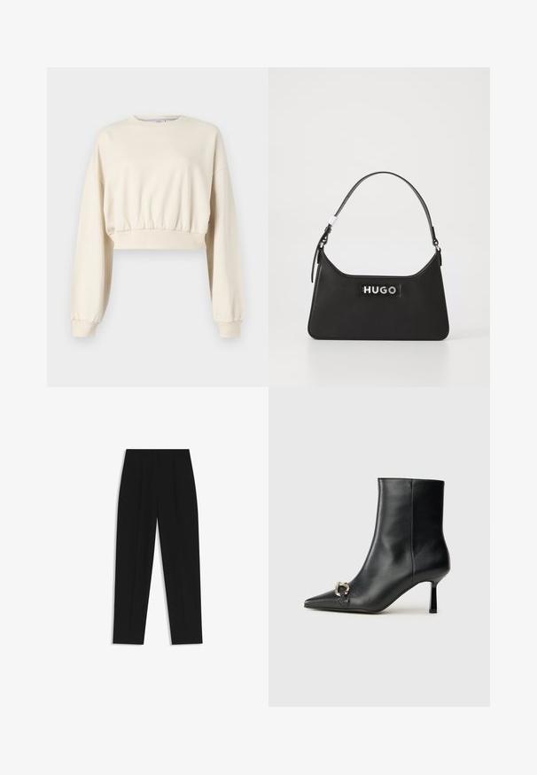 Cropped, beige sweatshirt with long, puffy sleeves. Features elastic waist and ribbed cuffs. Subtle logo embroidered near the neckline.; Black trousers with a straight fit, featuring double pleats, a smooth texture, and a classic waistband design. No visible hardware or accents.; Black leather ankle boot with pointed toe, slim mid-height heel, and silver buckle detail on side against plain background.; Black leather handbag with a curved design, silver hardware, and a prominent "HUGO" logo on the front. Smooth texture and structured shape.
