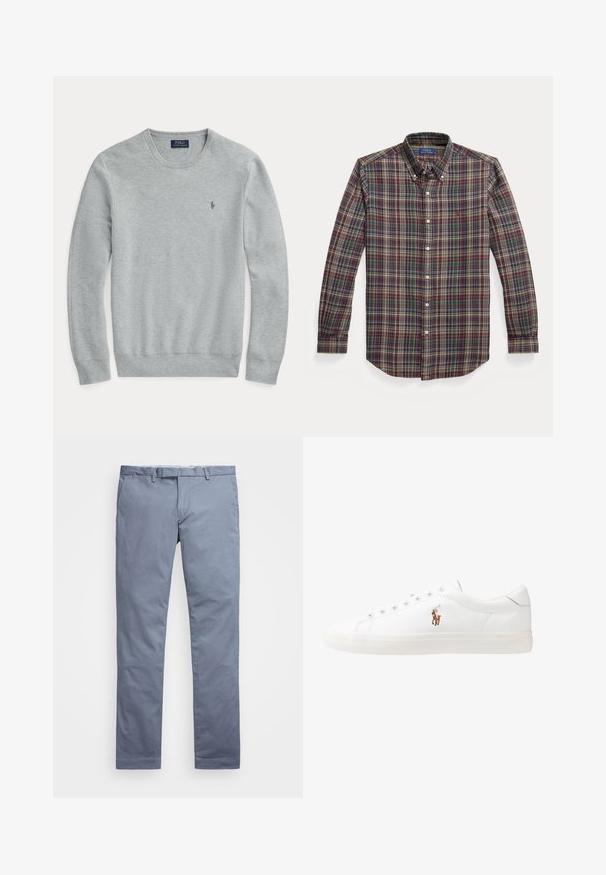 Svetra z dolgimi rokavi v svetlo sivi barvi, pletena, z okroglim ovratnikom, rebrastimi manšetami in robom ter majhnim vezenim logotipom Polo Ralph Lauren na prsih.; Karirana srajca na gumbe iz bombažnega blaga, ki združuje burgundske, zelene in modre barve, s klasičnim ovratnikom in belimi gumbi.; Svijetloplave pamučne chinos hlače slim kroja, ravne nogavice, petlje za remen i zatvarač s munjom. Sadrže suptilno šivanje i bez vidljivih uzoraka.; Bela usnjena teniski čevlji, nizki model, z gladko teksturo, okrogle konice, vezavi spredaj ter majhnim vezenim logotipom na strani.