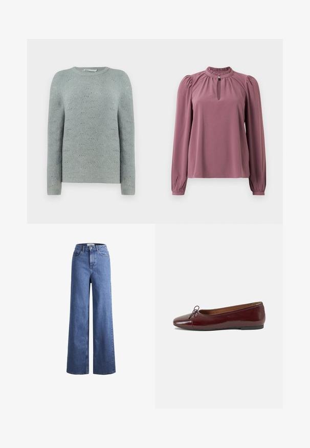 Light blue knit sweater with a round neckline, long sleeves, and a textured wave pattern throughout the fabric.; Long-sleeve mauve blouse with gathered collar, keyhole neckline with button closure, and slightly puffed shoulders.; Light blue denim wide-leg jeans with a high waist, two front pockets, and visible stitching. Features a button and zipper closure.; Burgundy patent leather ballet flat with a rounded toe, small bow accent at the front, and a low, black rubber sole. Smooth texture.