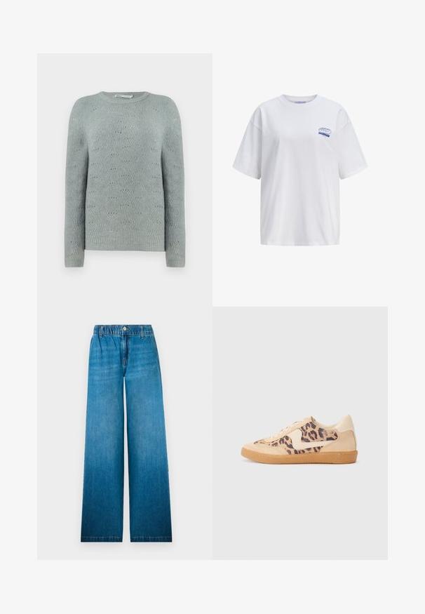 Pull en maille bleu clair avec un col rond, des manches longues et un motif en vagues texturé sur l'ensemble du tissu.; T-shirt en coton blanc avec une coupe décontractée, présentant des manches courtes. Petit logo bleu "SOURDOUGH" sur le côté supérieur gauche.; Jean à jambes larges en denim bleu clair, dotés d'une taille élastique, d'une fermeture à bouton et d'un design droit avec un effet décoloré.; Baskets en imprimé léopard avec tige en suède beige, semelle en caoutchouc tan et accents blancs. Bout rond et design à lacets avec une finition texturée.