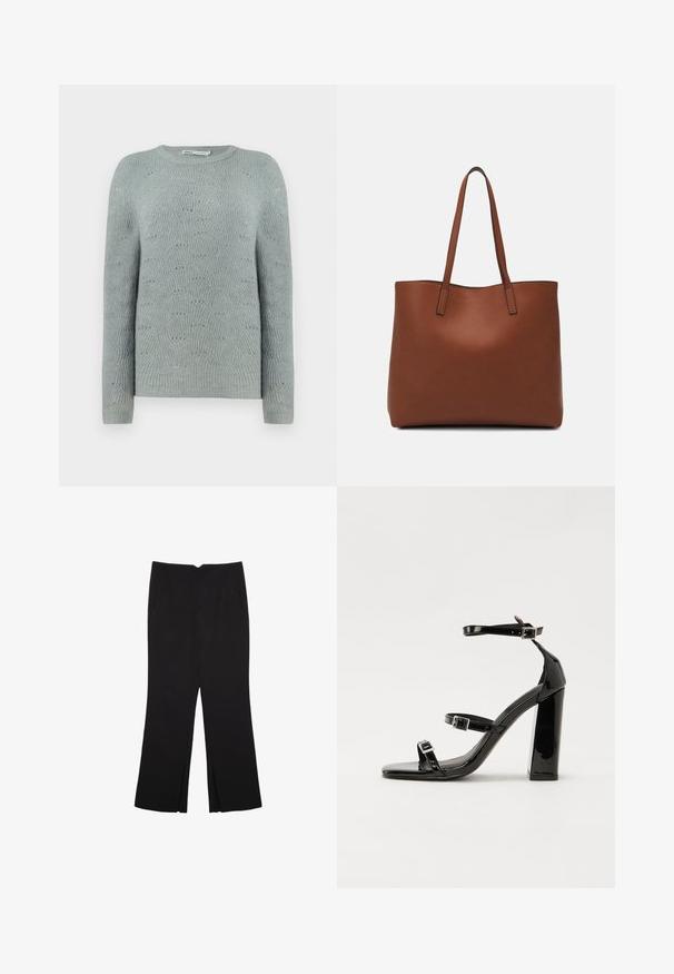 Light blue knit sweater with a round neckline, long sleeves, and a textured wave pattern throughout the fabric.; Black trousers with a straight fit, featuring front pockets and side slits at the hem. Made of soft, smooth fabric. Suitable for various occasions.; Black patent heeled sandals with a square toe, ankle straps, and silver buckles. Features a chunky block heel for stability.; Brown leather tote bag with a smooth texture, open top design, and two shoulder straps. Features minimal stitching and no visible hardware.