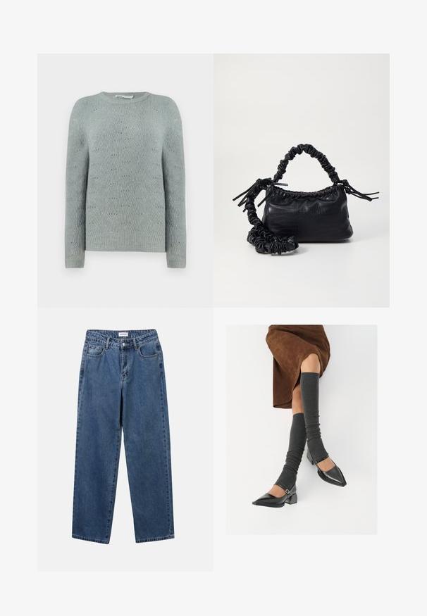 Maglione azzurro chiaro a maglia con scollatura rotonda, maniche lunghe e un motivo a onde texturizzato su tutta la stoffa.; Jeans in denim blu classico con design a gamba dritta, cinque tasche e chiusura con bottone. Presentano un lavaggio medio e una trama robusta.; Scarpe nere in pelle verniciata con punta affilata, tacco a blocco e cinturino alla caviglia, abbinate a scaldamuscoli grigi a coste e una gonna in suede marrone.; Borsa a tracolla in ecopelle nera con texture a coccodrillo, apertura cinchata e tracolla arricciata. Si presenta con un design morbido e compatto.