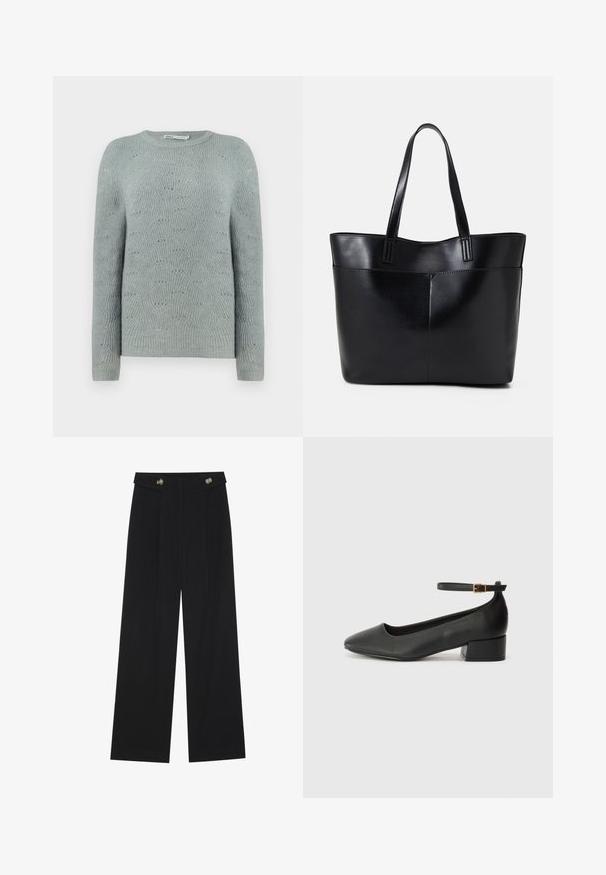Lichtblauwe gebreide trui met een ronde halslijn, lange mouwen en een gewatteerd golfpatroon door de stof.; Zwarte wijde broek met hoge taille, knoopdetails op de tailleband en plooien aan de voorkant.; Zwarte leren pump met een spitse neus en een lage blokhak. Beschikt over een enkelband met een goudkleurige gespsluiting. Gladde textuur.; Zwarte leren tote bag met twee lange handvatten, een zachte textuur en een gestructureerde vorm. Voorzien van een voorvak voor extra opslagruimte.