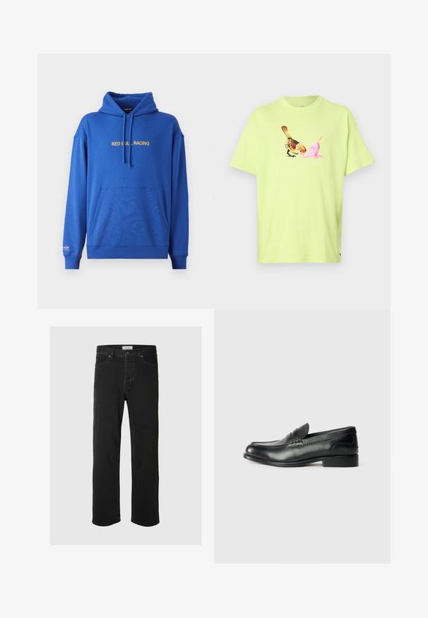 Mėlynas džemperis su priekinėmis kišenėmis kangaroo stiliaus, reguliuojamu raišteliu ant kapučino ir geltona užrašu "RED BULL RACING" per krūtinę. Minkšta medžiaga.; Lime spalvos medvilninis marškinėlis su paukščio ir rožinės ledų kojos grafika, su paprastu apykaklės dizainu ir trumpomis rankovėmis.; Juodos džinsinės tiesaus silueto kelnės turi klasiką penkių kišenių dizainą su mygtukų uždarymu, minimaliais siūlais ir minkšta tekstūra.; Juodos odinės loafer tipo bateliai su lygiu paviršiumi, siuvinėjimu per priekį ir šiek tiek pakelta pakulne.