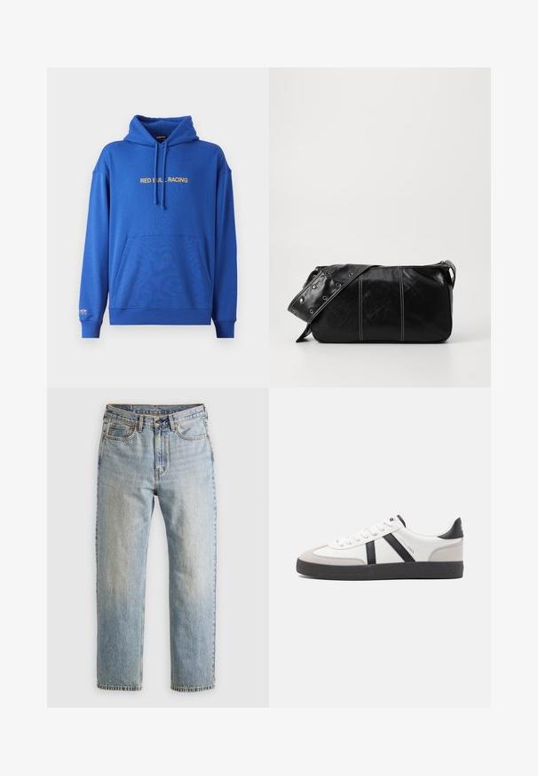 Sinine kapuutsiga pusa, mille ees on känguru-tasku, reguleeritav paelaga kapuuts ja rinna kohal kollane tekst "RED BULL RACING". Pehme kangas.; Heledad hele sinine teksapükste kõrge vöökoht, ees nupuga, lukuga ja viie taskuga disain, asetatud tasasele neutraalsele taustale.; Valged tossud mustade ja hallide aktsentidega, tekstureeritud halli varbakattega, musta kummitald ja lamedad valged paelad. Puhtad jooned, minimalistlik stiil.; Must mustra nahkainine õlakott, millel on tõmblukk, tekstureeritud pind, valged õmblused ja rihm hõbedaste rõngastega.