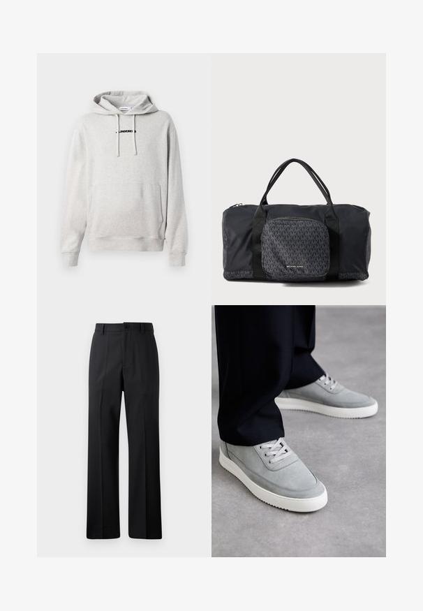 Felpa grigia chiara realizzata in tessuto morbido. Presenta una tasca frontale, cappuccio con cordino e logo in testo nero sul petto. I polsini sono a coste.; Pantaloni neri a gamba dritta con passanti per cintura, chiusura frontale con bottone e zip, esposti su uno sfondo bianco semplice.; Sneaker in suede grigio con suole in gomma bianca, caratterizzati da un design con lacci, punta rotonda e dettagli di cucitura discreti, indossati con pantaloni neri.; Borsa duffel nera Michael Kors con manici doppi, tasca anteriore con zip caratterizzata da un motivo ripetuto del logo MK e marchio Michael Kors.