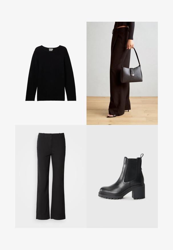 Mustat, pitkät hihaiset neuleet, jotka on valmistettu ribatusta kankaasta, pyöreällä kaula-aukolla ja lasketuilla hartioilla. Neuleessa on rento istuvuus eikä näkyviä yksityiskohtia.; Mustat puuvillasekoitetekstiilit, jossa on suora lahje, etunappi kiinnitys ja kaksi sivutaskua. Sileä rakenne, ei näkyviä kuvioita.; Musta nahkasaapas nilkkapituisella, paksulla korolla, elastisilla sivupaneeleilla ja repäisykielekkeellä takana. Kuvioitu pohja lisää pitoa.; Musta käsilaukku, jossa on rakenteellinen muoto, sileä pinta ja metallinen solki. Yhdistetty leveisiin mustiin housuihin ja avonaiheisiin sandaaleihin puulattialla.