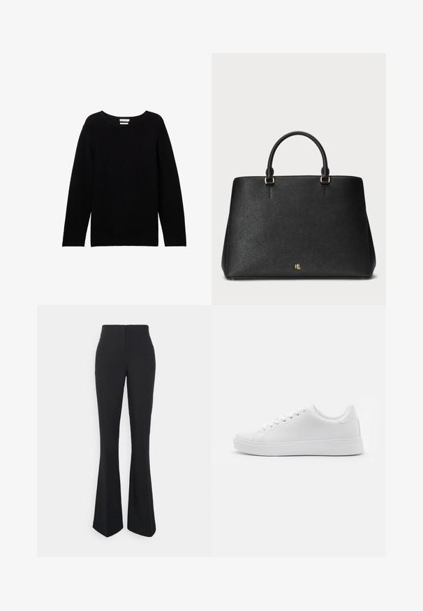 Schwarzer Langarmpullover aus geripptem Stoff mit rundem Halsausschnitt und überschnittenen Schultern, der eine lockere Passform hat und keine sichtbaren Akzente aufweist.; ONLY Tall ONLEDINA FLARE PANT - Stoffhose - black; Weiße Sneakers mit einem glatten synthetischen Obermaterial, runder Zehenform, sechs Ösen für Schnürsenkel und einer flachen Gummisohle mit strukturierten Details.; Schwarze Lederhandtasche mit strukturiertem Design, glatter Oberfläche und zwei oberen Griffen. Mit goldenen Akzenten und einem Logo am Boden.