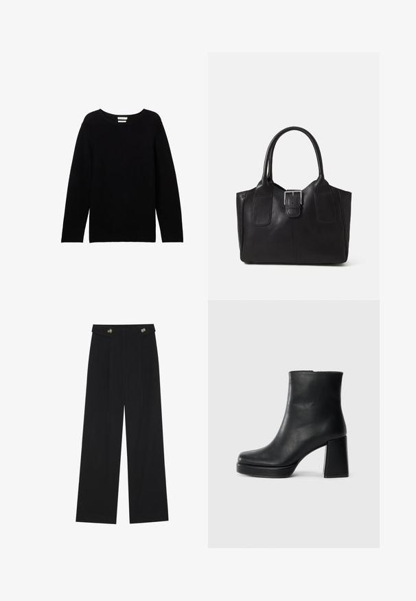 Juodas ilgarankovis megztinis, pagamintas iš raukšlėto audinio, su apvaliu iškirpimu ir nuleistomis pečių siūlėmis. Jo siluetas yra laisvas, be matomų akcentų.; Juodi plačios kojos kelnės su aukštu liemeniu, sagų detalėmis ant liemens ir priekinėmis raukšlėmis.; Juodas odinis kulkšninis botas su bloku ir platformos padu, matomas šoniniu vaizdu ant balto fono.; Juodas odinis nešiojamas krepšys su lygiu paviršiumi, struktūrine forma, dviem rankenėlėmis ir ryškiu sidabriniu sagties akcentu priekyje.