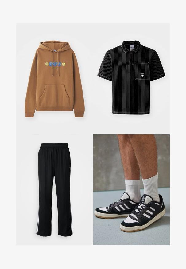 Sweatshirt castanho feito de mistura de algodão. Apresenta um bolso frontal, capuz com cordão e um gráfico colorido "KIDSUPER" com acentos florais.; Camisa polo preta de manga curta com fecho zíper à frente, riscas verticais brancas, bolso no peito com pequeno logotipo e tecido texturizado.; Calças atléticas pretas com um cós elástico, apresentando riscas brancas laterais e um pequeno logótipo. O material parece macio e leve.; Ténis em preto e branco com upper em camurça e couro, apresentando três riscas brancas, um toe perfurado e uma sola em borracha de goma.