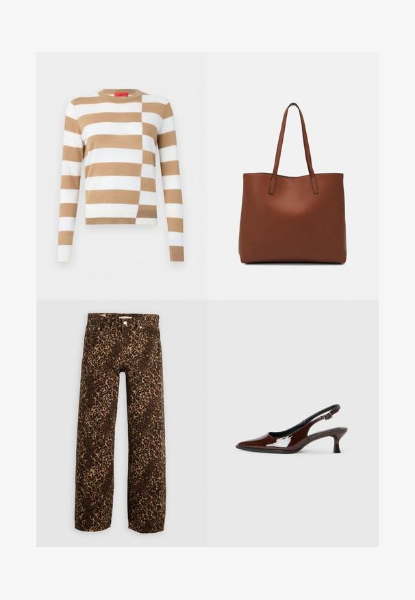 Pulover striped în nuanțe de maro și alb, cu mâneci lungi, guler rotund și un design de tricot texturat. Pattern asimetric notabil.; Blugi largi cu imprimeu de leopard în nuanțe de maro și bej. Realizați din denim, cu un design clasic cu cinci buzunare și accesorii din metal.; Pantofii slingback din piele patent maro, cu vârful ascuțit și un toc moderat. Prezintă o curea cu prindere pentru o potrivire sigură. Textură netedă.; Geantă de umăr din piele maro cu o textură netedă, design cu vârf deschis și două curele pentru umăr. Prezintă cusături minime și fără componente metalice vizibile.