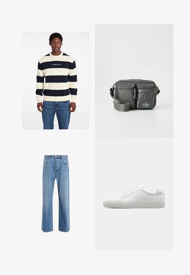 Navy und creme gestreifter Pullover aus Strickstoff mit gerippten Bündchen und Saum, mit dem Logo "GUESS JEANS" auf der Vorderseite. Bequemer Schnitt.; Helle blaue Jeans im Geradeschnitt-Design, mit fünf Taschen, Knopfverschluss, minimaler Ausbleichung und kontrastierenden Nähdetails.; Weißer Sneaker mit glattem Lederobermaterial und niedrigem Profil. Verfügt über eine runde Zehenpartie, sechs Ösen und eine strukturierte Gummisohle.; Graue Nylon-Crossbody-Tasche mit zwei Reißverschluss-Fronttaschen, verstellbarem Riemen und Logo-Akzent. Glatte Textur mit modernem Design.
