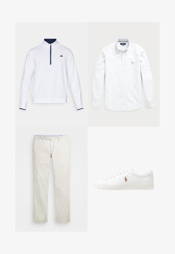 Pullover branco com gola alta, fecho de meio zíper na frente e detalhes em azul-marinho. Apresenta um tecido texturizado com um pequeno logo no lado esquerdo do peito.; Camisa branca de mangas longas com botões, feita de algodão. Apresenta um colarinho amplo, fecho de botão e um pequeno logótipo bordado no peito.; Chinos de algodão bege com frente plana, passantes para cinto e bolsos laterais. Design de perna reta com uma textura suave e uma sensação leve e respirável.; Sapatilhas de couro brancas, design de cano baixo, com textura suave, biqueira redonda, atacadores à frente e um pequeno logótipo bordado na lateral.