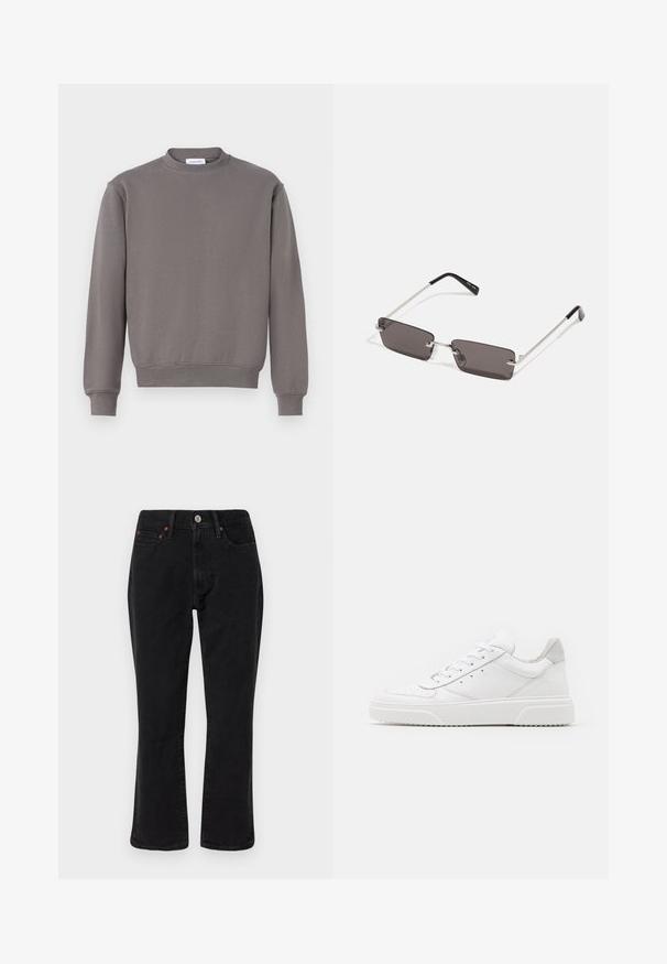 Gray sweatshirt with a round neck, ribbed cuffs, and hem. Made of soft fabric, featuring a simple, smooth texture and no patterns.; White cotton t-shirt featuring short sleeves, crew neck, and a red graphic text "DELICIOUS REFRESHING FRUIT" on the front.; Black denim jeans featuring a straight leg design, five-pocket style, and metal hardware with copper accents. Smooth texture and medium rise.; White leather sneakers with a smooth finish, rounded toe, flat laces, and a textured sole. Grey suede accent at the heel.; Sunglasses with rectangular, dark grey lenses, silver metal frames, and black plastic tips on the arms. Lightweight design with nose pads.