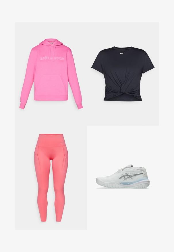 Roosa kapuutsiga dressipluus, mis on valmistatud puuvilla segust, varustatud esitaskuga ja valge "BJÖRN BORG" logoga. Sile tekstuur, lõdva disainiga.; Mustmust musta sportlik T-särk, mis on valmistatud sujuvast kangast, millel on sõlmega esikülg ja väike valge Nike logo rinnal.; Kõrge vöökohtadega roosad leggingsid siledast materjalist, millel on kaks küljetaskut ja väike logoaktsent vöökoha lähedal.; Valged spordijalatsid tekstureeritud ülemise osaga, millel on läbipaistev sinine tald ja diskreetne hall bränding küljel. Ümar varvas ja madal profiil.