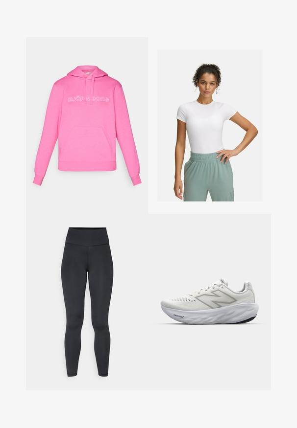 Ružová kapučínová majica s kapucňou, vyrobená z bavlneného zmesi, s prednou kapsou a bielym logom "BJÖRN BORG". Hladká textúra, ležérny dizajn.; Bela prilegajoča majica s kratkimi rokavi, kombinirana z lahkimi hlačami z elastičnim pasom v svetlo zeleni barvi. Gladka tekstura, minimalistična zasnova in brez vidnih vzorcev.; Visok pas črne leggins hlače iz raztegljivega materiala, z gladko teksturo in prilegajočim dizajnom, z minimalnimi šivi.; Bele atletske čevlje z mrežastim zgornjim delom, ki imajo oblazinjen ovratnik, teksturiran podplat in logo "Fresh Foam" na srednjem podplatu.