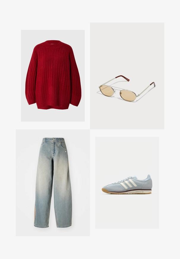Red ribbed sweater with a round neck, dropped sleeves, and a loose fit. Made of textured fabric with a warm, soft appearance.; Light blue denim wide-leg jeans with a faded finish. Features front pockets, a button closure, and a subtle logo on the waistband.; Light blue suede sneaker with white three stripes, rubber sole, and textured mesh. Features a smooth toe cap and branding on the heel.; Metal sunglasses with oval, light brown tinted lenses. Slim silver frame with textured accents and reddish-brown tips on the arms.
