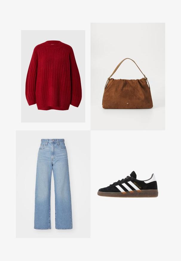 Red ribbed sweater with a round neck, dropped sleeves, and a loose fit. Made of textured fabric with a warm, soft appearance.; Light blue high-waist wide-leg jeans with front button and zip closure, front and back pockets, on a white background.; Black Adidas sneaker with white stripes, gold "Spezial" text, gum sole, and white heel tab, shown in profile view.; Brown suede handbag with a gathered design, featuring a single tan leather strap and a subtle gold logo detail on the front.