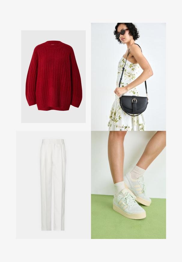 Red ribbed sweater with a round neck, dropped sleeves, and a loose fit. Made of textured fabric with a warm, soft appearance.; White pinstriped trousers with a straight leg design, made from a lightweight fabric. Features pleats at the front and a traditional waistband.; Light green sneakers with a textured surface, featuring three white stripes, a cream rubber sole, and lace-up design. Worn with light socks.; Black leather handbag with a curved shape, detachable strap, and gold hardware. The bag features a flap with a buckle detail.