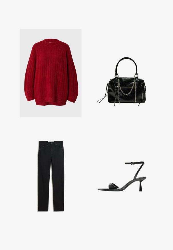 Rode geribbelde trui met een ronde hals, verlaagde mouwen en een losse pasvorm. Gemaakt van een structuurstof met een warme, zachte uitstraling.; Zwarte denimbroek met een recht silhouet, vijf zakken, metalen knoopsluiting en subtiele stikdetails. Gladde textuur.; Bershka Sandalen met hoge hak - black; Bershka WITH CHAIN - Handtas - black