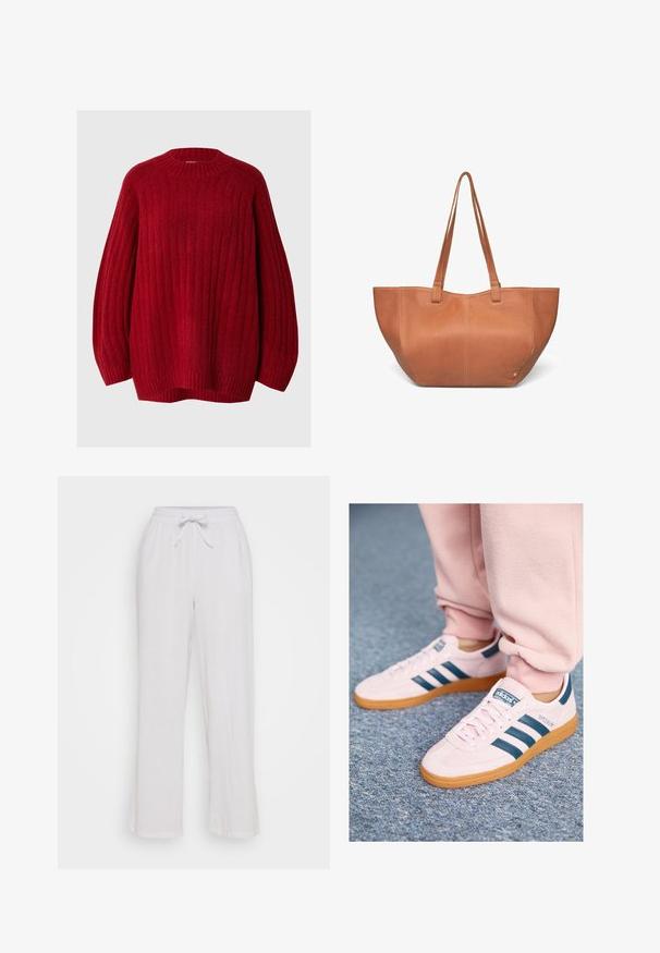 Raudonas smulkiai raibu megztinis su apvaliu kaklu, nusileidusiomis rankovėmis ir laisvu siluetu. Pagamintas iš tekstūruotos medžiagos, turinčios šiltą ir minkštą išvaizdą.; Baltos lininės kelnės su raiščiu juosmens srityje, pasižyminčios laisvu siluetu ir tiesiomis kojomis. Lygus paviršius, be matomų raštų ar akcentų.; Šviesiai rožiniai zomšiniai kedai su tamsiai mėlynomis odinėmis juostelėmis ir guminėmis padomis. Ypatybės apima plokščias raištelius ir ženklą šone bei liežuvėlyje.; Tan rudos odinis krepšys su dviem ilgomis rankenomis, apvalios formos, lygia tekstūra ir subtiliomis siuvimo detalėmis. Matomų metalinių detalių ar akcentų nėra.