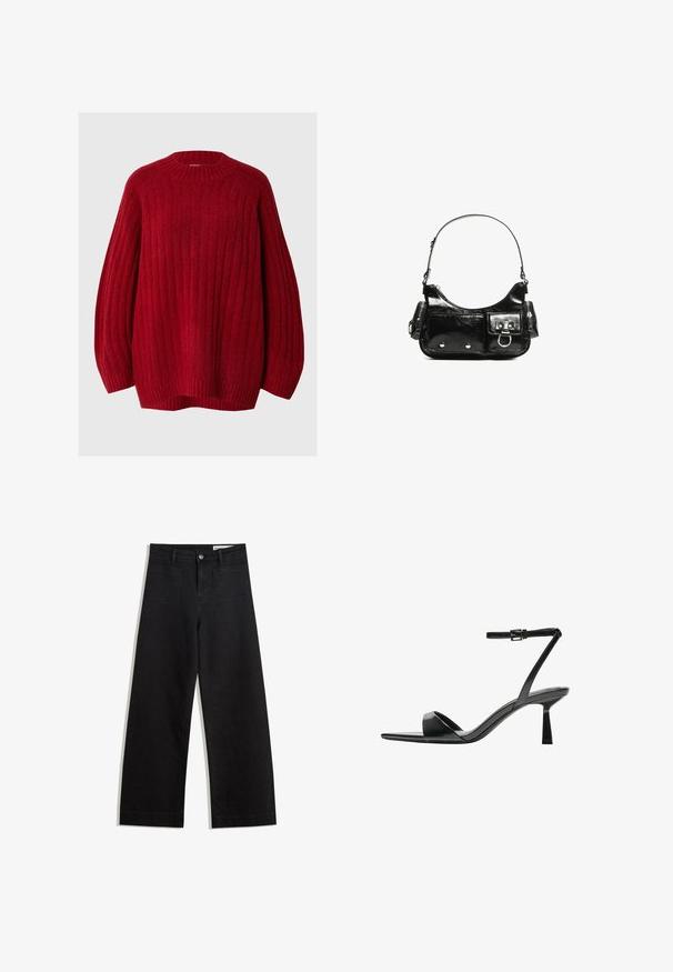 Piros bordázott pulóver kerek nyakkal, ejtett ujjakkal és laza fazonnal. Texturált anyagból készült, meleg, puha megjelenéssel.; Fekete, bő szabású farmernadrág magas derékkal, elülső és hátsó zsebekkel, varrott felületekkel és gombos záródással. Sima textúra.; Bershka Magas sarkú szandálok - black; Fekete lakkbőr kézitáska ívelt formával, egy vállpánttal, elülső zsebekkel és ezüstszínű fémrészletekkel.