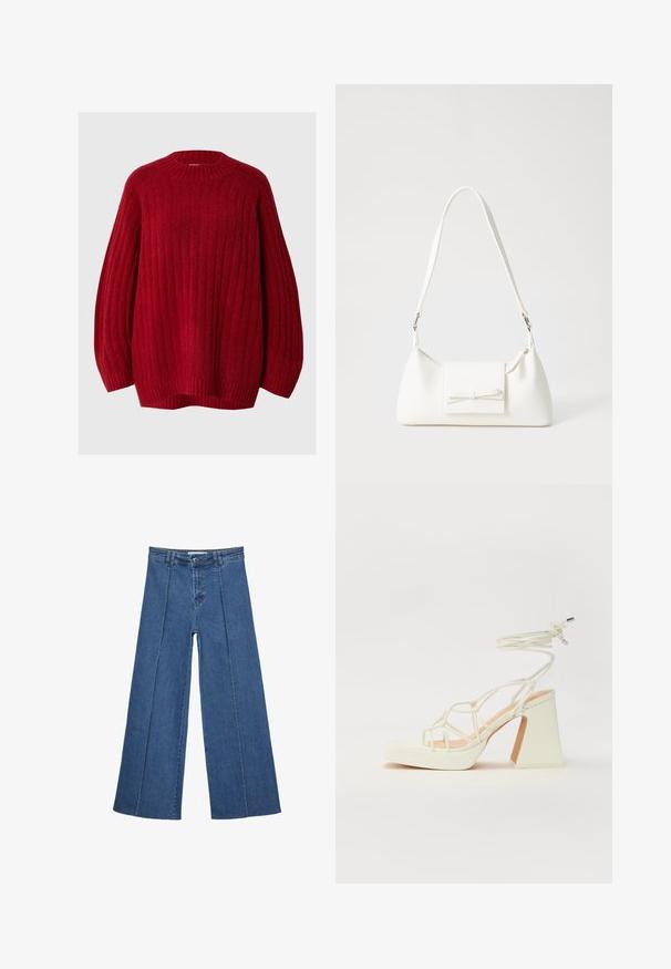 Červený žebrovaný svetr s kulatým výstřihem, spadlými rukávy a volným střihem. Je vyroben z texturované látky s teplým, měkkým vzhledem.; Džíny s širokými nohavicemi v středně modré barvě, se zvýšeným pasem, knoflíkovým zapínáním a kontrastními vertikálními švy vpředu.; Bílé sandály na vysokém podpatku s robustním podpatkem, s designem s pásky a zavazováním kolem kotníku. Hladký povrch s platformou vpředu pro zvýšení výšky.; Bílá syntetická kabelka v trojúhelníkovém tvaru, s plochým předním klopným víkem a detailem mašle, nastavitelným popruhem, hladkým povrchem a minimalistickým designem.