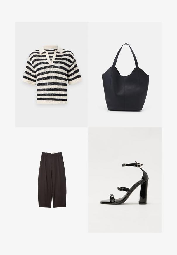 Pruhovaný pletený polo svetr v krémové a námořnické modři, s véčkovým výstřihem, krátkými rukávy, žebrovanými manžetami a texturovaným otevřeným tkaním.; Černé široké kalhoty vyrobené z hladkého materiálu, s vysokým pasem, předními sklady a bočními kapsami. Jednoduchý design bez ozdob.; Černé lakované sandály na podpatku se čtveratou špičkou, lýtkovými pásky a stříbrnými přezkami. Disponují masivním blokovým podpatkem pro stabilitu.; Černá taška přes rameno vyrobená z hladké kůže, s zakřiveným, otevřeným vrchem a dvěma ramenními popruhy, s minimalistickým designem.