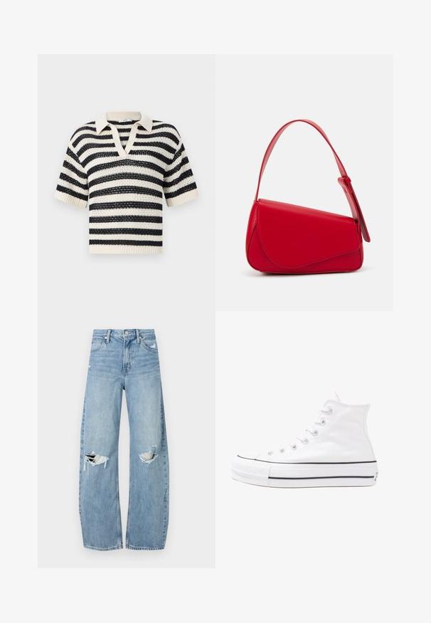 Stripet strikket polo genser i krem og marine, med V-hals, korte ermer, ribbestrikkede mansjetter og en teksturert åpen vev.; Lyseblå høytlivsjeans laget av denim. Har vide bein, to revne knær og klassisk fem-lommers design.; Hvit høy-skinn kanvas sneakers med svart gummisåle, gummitåhette foran og seks hull for snorer, med et rent, minimalistisk design.; Rød lærveske med en vinklet, geometrisk design. Har en enkelt justerbar stropp og en klaffelukking med sydd detaljer.