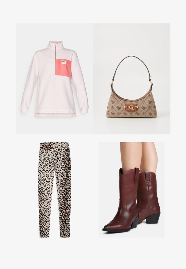 Pullover rosa chiaro con colletto alto, dotato di una tasca rettangolare in rosa scuro e un patch con logo. Tessuto morbido e vestibilità comoda.; Leggings in stampa leopardata realizzati in tessuto morbido, dotati di un elastico in vita, gambe lunghe e sottili, con una combinazione di motivi beige, neri e marroni.; Gambe che indossano stivali western in pelle marrone scuro, a metà polpaccio, con punta affusolata e tacco a blocco, su sfondo bianco.; Borsa a tote in tessuto beige con dettagli a motivo marrone. Presenta una forma curva, una tracolla singola e una placca con logo nella parte anteriore con finiture in metallo argentato.