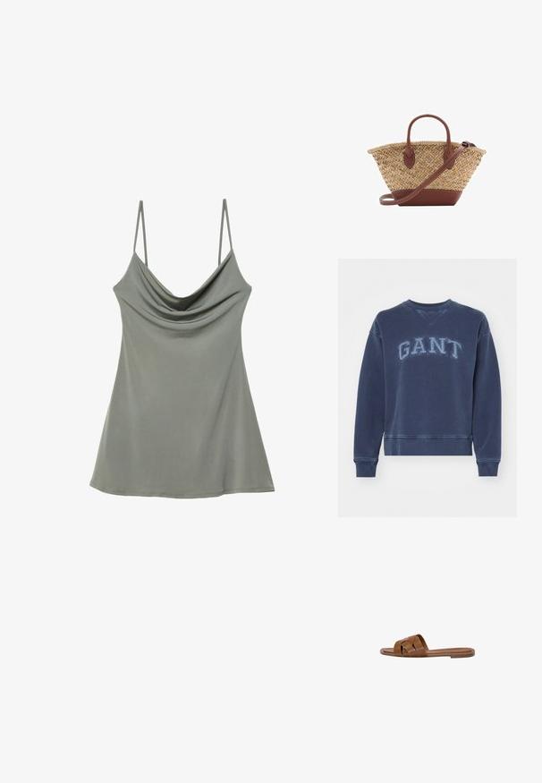 Felpa navy realizzata in cotone, caratterizzata da un collo a girocollo a coste, maniche lunghe, polsini elastici e logo "GANT" ricamato sul davanti.; Top canotta grigio chiaro drappeggiato, con sottili spalline regolabili, realizzato in tessuto morbido, caratterizzato da una vestibilità morbida e una texture liscia.; Sandalo in pelle marrone con fasce incrociate, suola piatta e una texture liscia. Design semplice senza decorazioni o motivi.; Borsa a tracolla in paglia intrecciata con dettagli in pelle marrone, due manici e una tracolla removibile. Forma curva con una base solida.