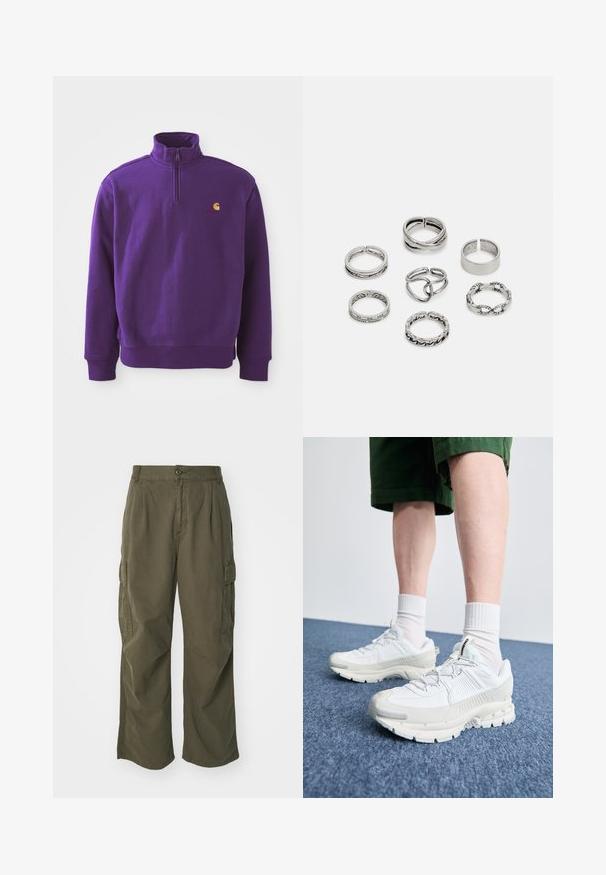 Fialová mikina s polo-zip límcem, žebrovanými manžetami a lemem. Obsahuje malé oranžové logo na hrudi. Bavlněný materiál s hladkou strukturou.; Olivové cargo kalhoty z bavlny, s širokým střihem, sklady a postranními kapsami pro praktičnost.; Bílé sportovní boty s texturovanými překryvy, masivní podrážkou a šedými akcenty. Na nohou mají bílé ponožky a zelené šortky na modrém povrchu.; Sada sedmi stříbrných prstenů s různými vzory, včetně zamotaných, propletených a rytých motivů. Různé tvary a šířky.
