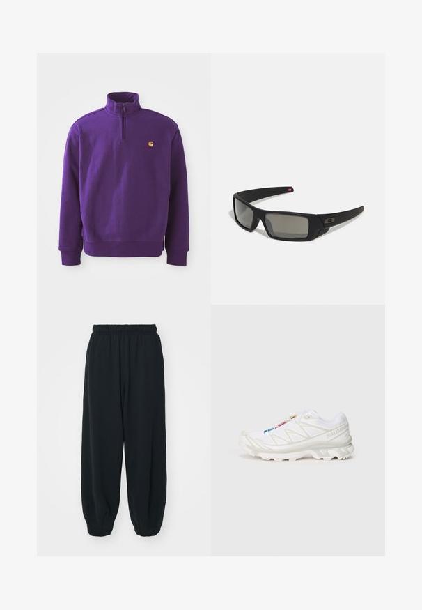 Purple sweatshirt with a half-zip collar, ribbed cuffs, and hem. Features a small orange logo on the chest. Cotton material with a smooth texture.; Black, elasticated-waist sweatpants with a loose fit, cuffed ankles, smooth texture, and no visible patterns or hardware accents.; White athletic shoe with textured mesh upper, reflective accents, and a cushioned sole. Notable brand logo on the side.; Black sunglasses with a matte finish, rectangular lenses, slight curve on temples, subtle logo detail, and smoke-tinted lenses.
