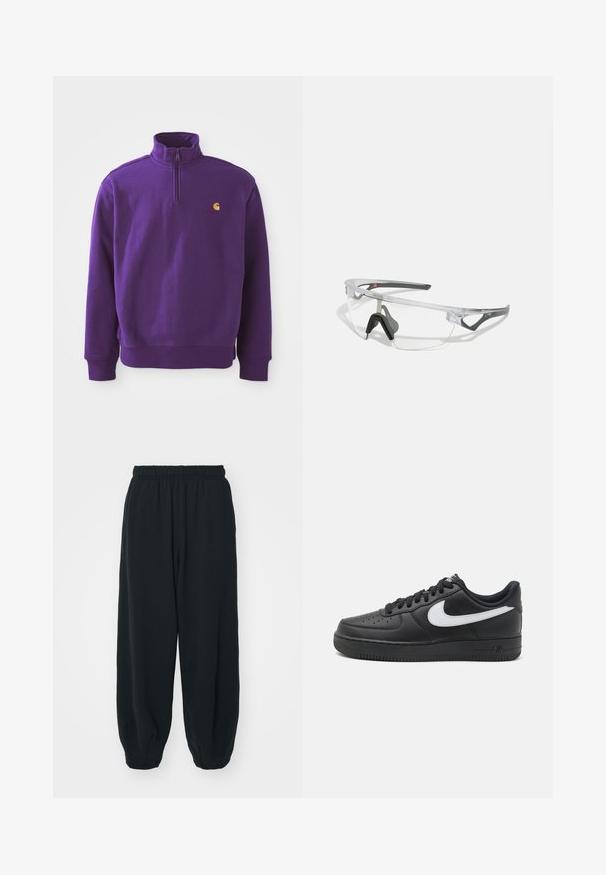 Purple sweatshirt with a half-zip collar, ribbed cuffs, and hem. Features a small orange logo on the chest. Cotton material with a smooth texture.; Black, elasticated-waist sweatpants with a loose fit, cuffed ankles, smooth texture, and no visible patterns or hardware accents.; Black Nike Air Force 1 sneakers with a smooth leather upper, white logo accent, perforated toe, and textured rubber sole.; Clear safety glasses with a lightweight, transparent frame and gray accents. Features a wraparound design and adjustable nosepiece.