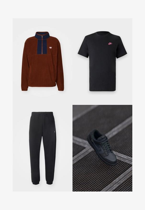 Pullover in pile marrone con pannello blu navy, colletto con mezza zip e dettagli del logo. Presenta una vestibilità rilassata e tasche laterali per la funzionalità.; T-shirt in cotone nero con scollatura tonda e maniche corte. Presenta un logo Nike rosa sulla parte superiore sinistra. Texture liscia.; Pantaloni della tuta neri realizzati in materiale morbido con vita elastica, coulisse e polsini aderenti, caratterizzati da un logo sottile sul lato.; Sneaker Nike in pelle nera con punta arrotondata, tomaia perforata e suola in gomma texturizzata. Include lacci e un branding discreto.