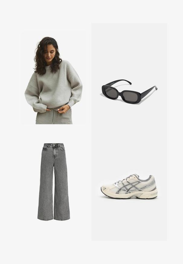 Harmaa ribbiknitti neule, jossa on rento istuvuus, pitkähihaiset hihat ja pyöreä kaula-aukko, yhdistettynä musta-valkoisiin raidallisiin housuihin.; Farkut, joissa on leveät lahkeet harmaasta denimistä, korkea vyötärö, tavalliset taskut ja hillitty haalistunut kuvio. Raaka reunus alaosassa.; Juoksukengät, joissa on hengittävä valkoinen verkkopäällinen, hopeiset yksityiskohdat, harmaat nauhat ja kestävä musta kumipohja. Kevyt ja pehmeä malli.; Mustat suorakulmaiset aurinkolasit tummilla linsseillä. Paksu muovikehys, sileä pinta ja pyöristetyt reunat. Tyylikkäät templet ulottuvat ulospäin.; Musta nahkalaukku kaarevalla muotoilulla, jossa on ylhäältä avattava vetoketju, lyhyt kahva ja irrotettava olkahihna. Kulta koristelu.