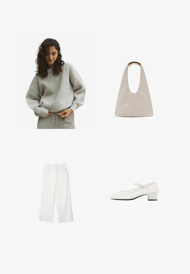 Grå ribbad stickad tröja med avslappnad passform, med långa ärmar och rundad halsringning, kombinerad med svarta och vita randiga byxor.; Vita vida byxor i mjukt tyg med dragsko i midjan och två framfickor. Slät textur och inga synliga mönster.; Vita lackläders Mary Jane-sko med rund tå, medelhög klack och justerbar rem med silverfärgad spänne.; Ljusgrå läderväska med en U-formad design och ett böjt metallhandtag. Slät textur med minimal sömnad och inga synliga mönster.