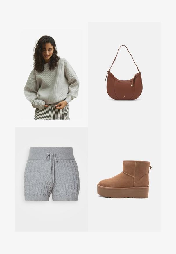 Un pull en maille côtelée gris avec une coupe décontractée, présentant des manches longues et un col arrondi, associé à un pantalon à rayures noir et blanc.; Shorts en maille grise avec un design texturé, dotés d'une taille côtelée et d'un cordon de serrage ajustable. Longueur courte, tissu doux.; Bottine en suède tan avec une semelle plate-forme, un bout arrondi et des accents de couture ; elle est dotée d'une languette à l'arrière pour un enfilage facile.; Sac à épaule en faux cuir brun, de forme arrondie, avec des coutures minimales et un accent en matériel doré. Il possède une fermeture zippée sur le dessus et une sangle réglable.