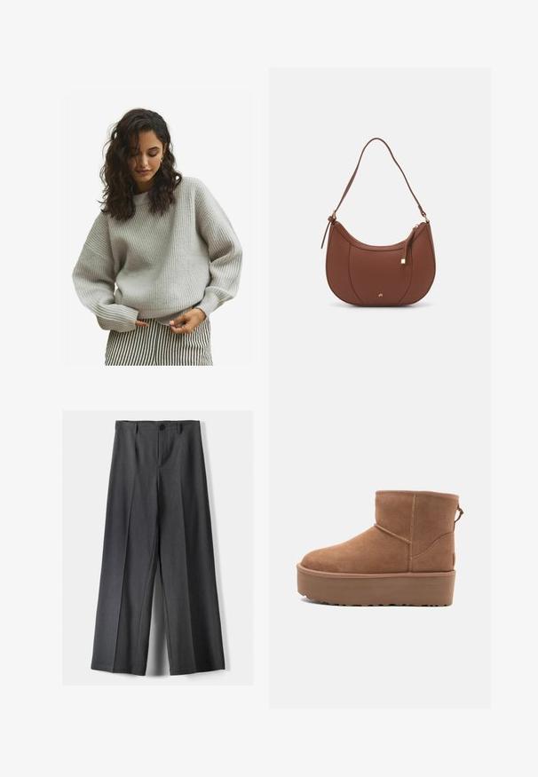 Pulover gri cu dungi, tricotat, cu o croială lejeră, având mâneci lungi și un decolteu rotund, asortat cu pantaloni striped în alb și negru.; Pantaloni evazați din țesătură gri închis, cu închidere cu buton, pliseuri frontale și curea. Textură netedă cu un design ajustat.; Botine din suede de culoare bej, cu talpă platformă, vârf rotund și detalii de cusătură; dispune de un mânere la spate pentru a fi ușor de încălțat.; Geantă de umăr din piele ecologică maro, cu o formă curbată, cusături minime și un accent din metal auriu. Are un închidere cu fermoar în partea de sus și o curea ajustabilă.