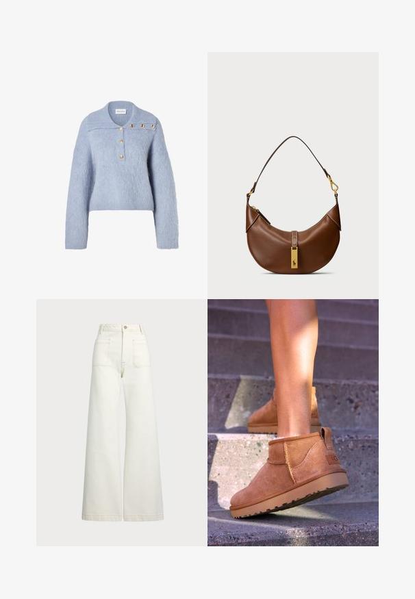 Light blue fuzzy knit sweater with a polo collar, featuring four gold-tone buttons at the placket and a boxy silhouette.; Wide-leg jeans in off-white denim. High-waisted design with a button closure, two front pockets, and contrast stitching details.; Tan suede ankle boots with a soft texture, stitched detailing, and a rubber sole, featuring a looped heel for easy wear.; Brown leather shoulder bag with curved shape, gold hardware, top clasp detail, and a logo accent. Smooth texture with stitched edges.