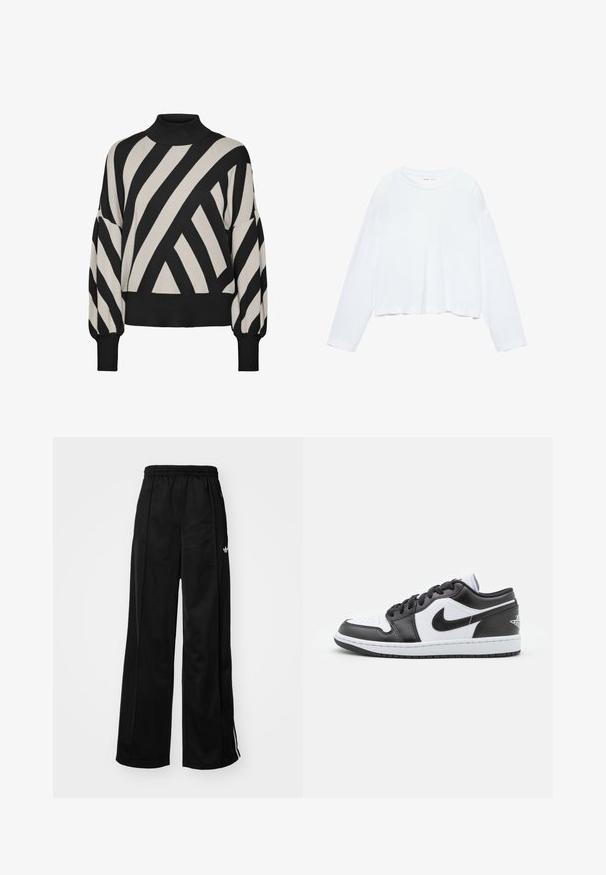 Pitkähihainen, musta ja kerma valkoinen neule, jossa on korkea kaulus. Ominaisuuksiin kuuluu rohkeat, vinot raidat sekä ribattua helmaa ja hihansuita, mikä luo tekstuuria.; Pitkähihaisessa valkoisessa lyhyessä t-paidassa on pehmeä kangas, pyöreä kaula-aukko ja rento istuvuus tikkauksetulla hihalla. Yksinkertainen ja siisti muotoilu.; Musta leveälahkeinen treenihousut, jossa on elastinen vyötärö, valkoiset sivutossut ja pieni logo vasemmassa lonkassa. Silkkinen kangastunne.; Mustat ja valkoiset Nike matalavartiset lenkkarit, joissa on sileä nahkapinta, pyöreä kärki, nauhakiristys ja kuvioitu kumipohja.