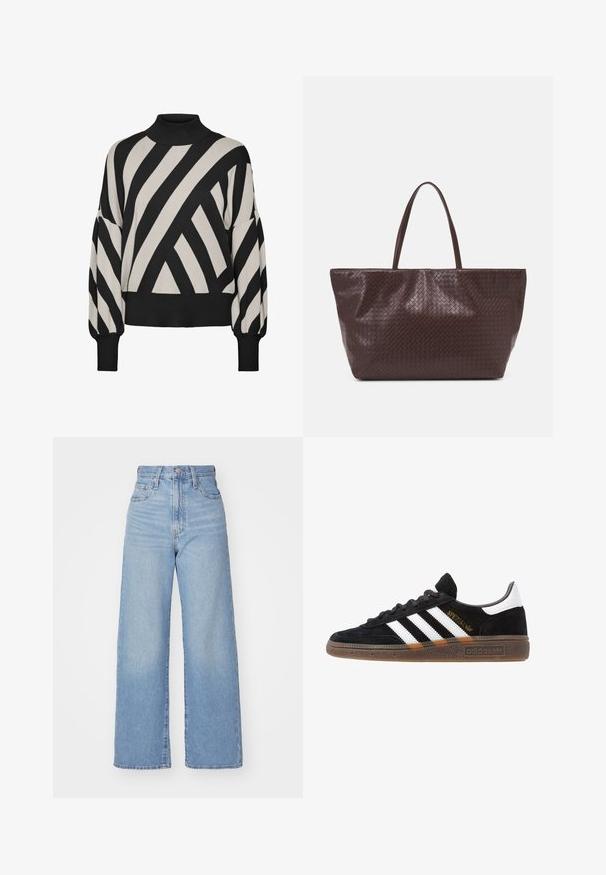 Langärmliger schwarzer und cremfarbener Pullover mit hohem Kragen. Mit kräftigen, diagonalen Streifen sowie einem gerippten Saum und Bündchen für einen strukturierten Look.; Hellblaue High-Waist-Weite-Leg-Jeans mit Knopf- und Reißverschluss vorne, Vorder- und Rückentaschen, auf weißem Hintergrund.; Schwarzer Adidas Sneaker mit weißen Streifen, goldenem "Spezial"-Text, Gummisohle und weißem Fersenbereich, seitliche Ansicht.; Braune geflochtene Leder-Totetasche mit zwei Griffen, einer strukturierten Form und einer strukturierten Oberfläche, die ein durchgängiges Rautenmuster aufweist.