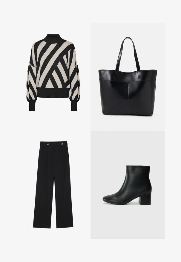 Pulover cu mâneci lungi, negru și crem, cu guler înalt. Are dungi diagonale îndrăznețe și un tiv și manșete cu model în relief pentru un aspect texturat.; Pantaloni negri cu picioare largi, talie înaltă, detalii cu butoane pe talie și pliseuri în față.; Cizme negre din piele până la gleznă, cu vârf ascuțit și toc robust. Textură netedă, cu accente minime și un design elegant, ajustat.; Geantă oversized din piele neagră, cu două mânere lungi, de textură netedă și formă structurată. Are un buzunar frontal pentru stocare suplimentară.