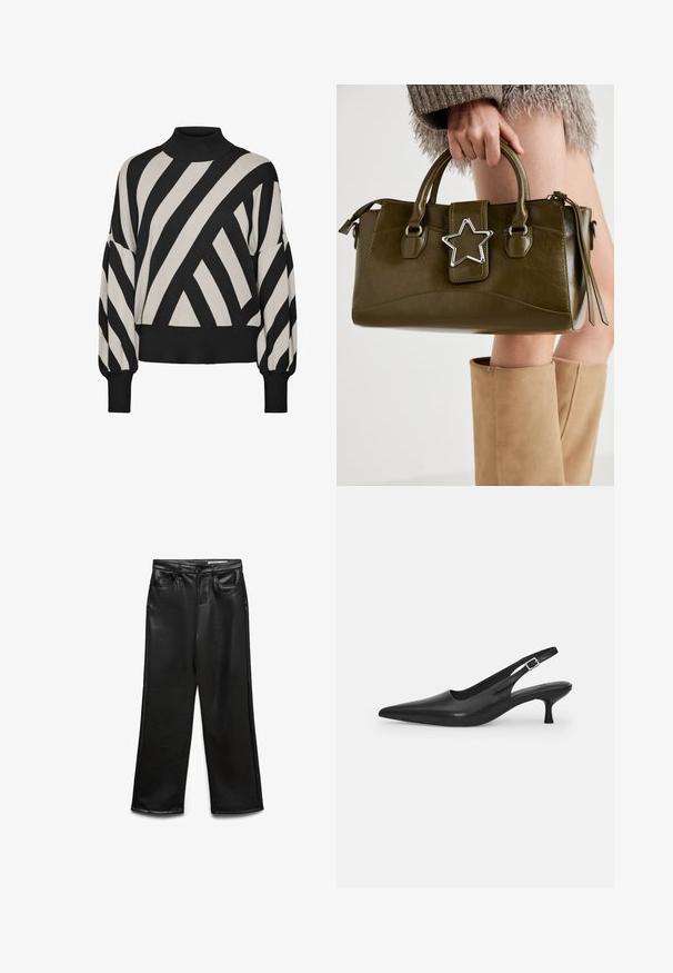 Ilgų rankovių, juodos ir grietinėlės spalvos megztinis su aukštu kaklu. Yra drąsūs, įstrižai einantys dryžiai ir gysliniai antgaliai bei kraštai, suteikiantys tekstūrinį vaizdą.; Juodos spalvos dirbtinės odos plačiomis kojomis kelnės su priekine kišene, diržo kilpomis ir subtiliu blizgesiu. Lygios tekstūros ir pritaikyto silueto.; Juodos odinės slingback bateliai su smailiu nosiu ir plonu, lenktu kulnu. Yra diskretiška reguliuojama juostelė su metaliniu sagtimi.; Alyvuogių žalios spalvos dirbtinės odos rankinė su sidabro žvaigždės akcentu, dviem rankenomis ir užtrauktuko uždarymu. Tekstūruotas paviršius ir struktūrizuota forma.