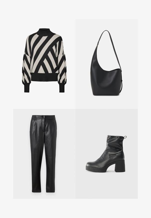 Hosszú ujjú, fekete és krémszínű pulóver magas nyakkal. Merész, átlós csíkokkal és bordázott aljjal, valamint mandzsettával rendelkezik, ami textúrált megjelenést kölcsönöz.; Fekete bőr nadrág sima textúrával, egyenes szabással, rugalmas derékkal és elülső gombos záródással; pliszírozott részletezéssel és szűkített lábakkal.; Fekete bokacsizmák sima bőrből, oldalsó cipzárral, vastag, texturált sarkú és lekerekített orrú dizájnnal.; Fekete bőr hobo táska sima textúrával, ívelt formával és egyetlen állítható pánttal; széles nyílás található a tetején.