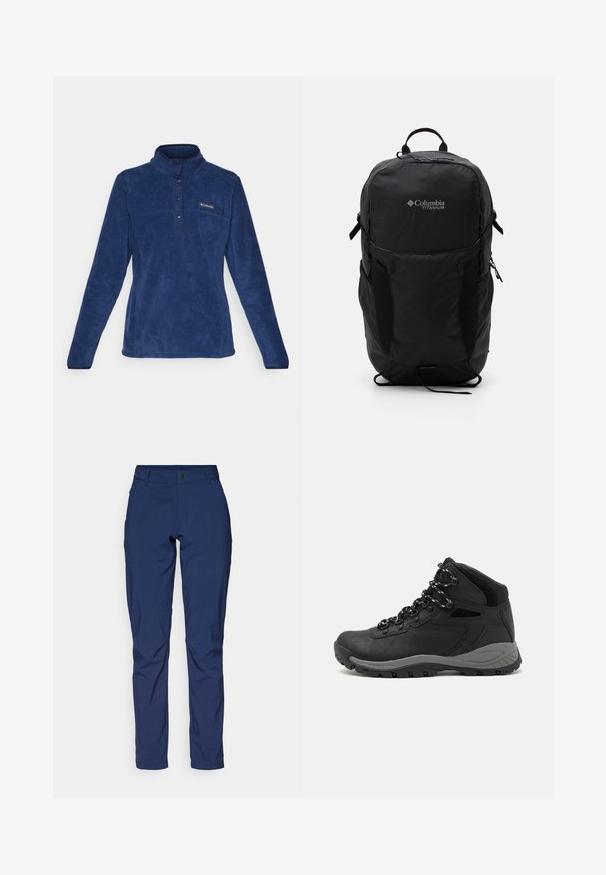 Blue fleece pullover with a high collar, featuring a half-buttoned front, textured fabric, and a small logo on the left upper side.; Navy blue trousers made from smooth fabric, featuring a classic fit, front pockets, and a zip fly with a button closure.; Black hiking boot with a mid-top design, featuring a textured upper, gray accents, and durable rubber sole with traction lugs.; Black Columbia Titanium backpack with a smooth fabric texture, side pockets, top handle, and adjustable straps. Minimalist design with subtle branding.