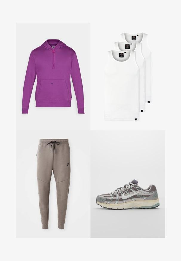 Vijolična kapuca s sprednjim kenguru žepom in zategovanjem. Črn Nike logotip na prsih. Mehka tkanina.; Tri bele rebraste majice brez rokavov iz bombaža. Imajo okroglo izreza in majhne črne etikete blizu roba. Na voljo v več velikostih.; Sive Nike trenirke z vrvico v pasu, pripete noge, stranske žepke in izrazitim šivom. Mehka, teksturirana tkanina.; Sive športne čevlje z zgornjim delom iz mrežastega in semiš materiala, belimi akcenti, oblazinjenim podplatom ter edinstvenim dizajnom z odsevnimi elementi.