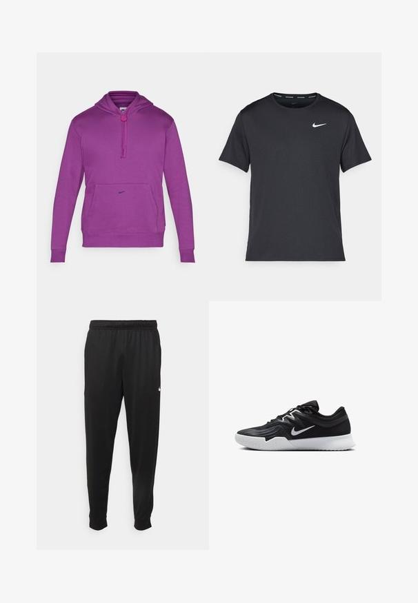 Sweatshirt roxo com capuz, apresentando um bolso frontal tipo canguru e fecho de cordão. Logótipo da Nike em preto no peito. Textura de tecido suave.; T-shirt de corrida Nike preto, feito de material leve e respirável, com mangas curtas e um pequeno logo branco no peito.; Calças de desporto pretas feitas de tecido suave, com uma cintura elástica, pernas ajustadas e um pequeno logo branco no lado esquerdo.; Sapatilha atlética preta com um cabedal texturizado, swoosh branco da Nike e uma sola de borracha branca. Apresenta um design com atacadores e uma forma dinâmica.